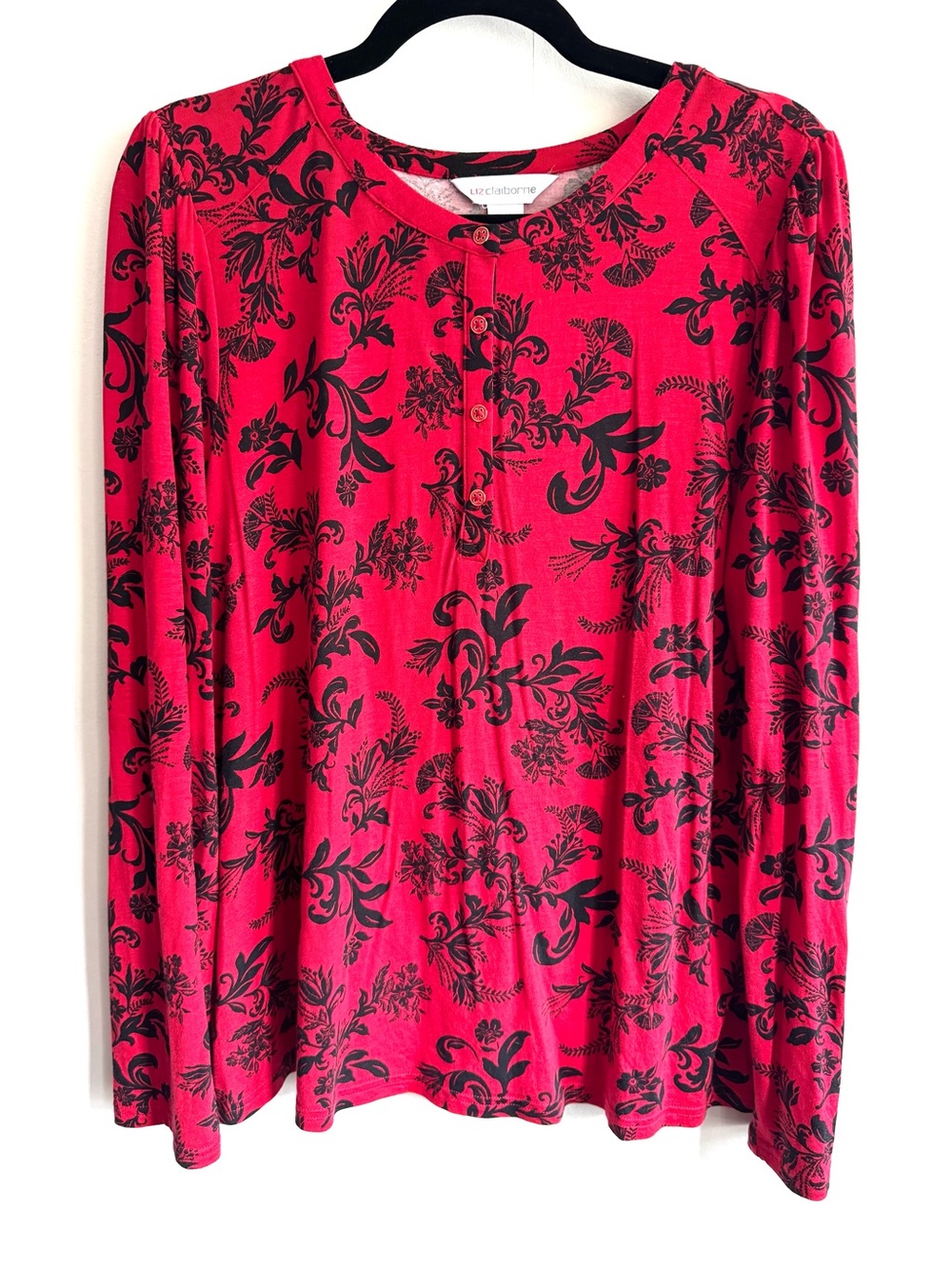 Liz Claiborne Pink-Red Floral Henley Long Sleeve Top